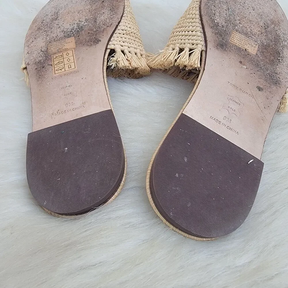 Tory Burch Eleanor Raffia Woven Beige Fringe Slide Sandal Sz 9 Beachy Coastal